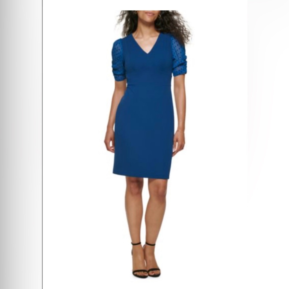 Royal Blue Sheath Dress Puff Sleeve Polka Dot Scuba Crepe Cocktail DKNY US12 New